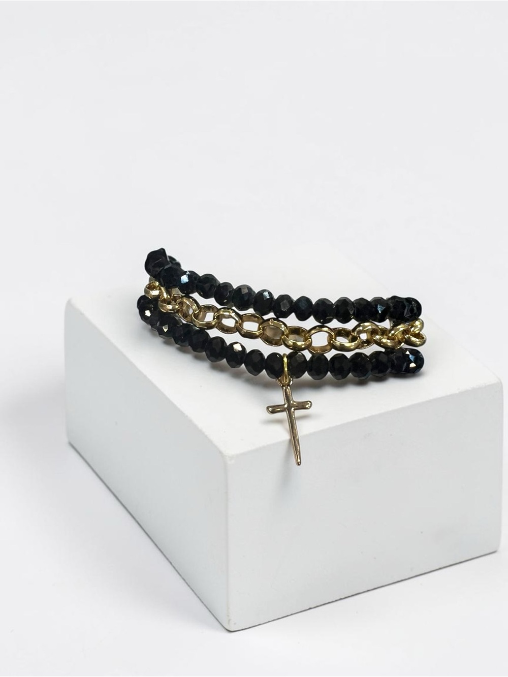 Gold & Black Beaded Cross Bracelet Stack - Women Jewelry